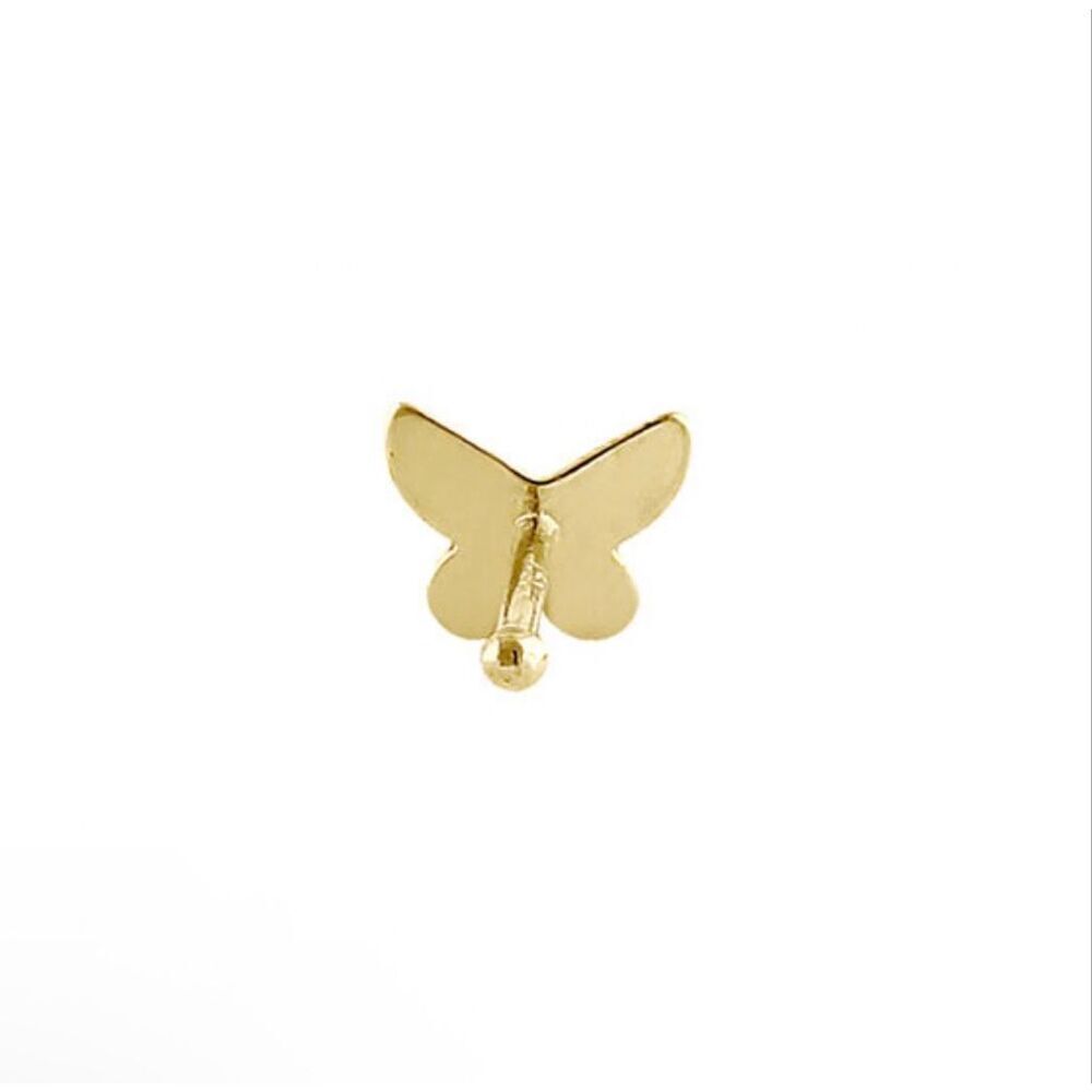 Solid 14K Yellow Gold Tiny Butterfly Straight Nose Stud Boho New - Picture 3 of 3